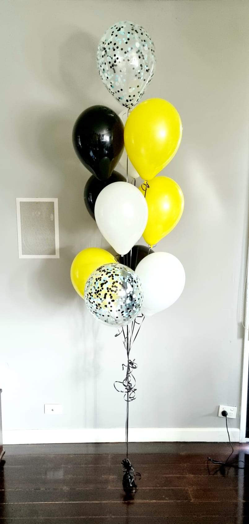 Personalised Black, White & Yellow Bubble Balloon Bouquet Helium Delivered Melbourne