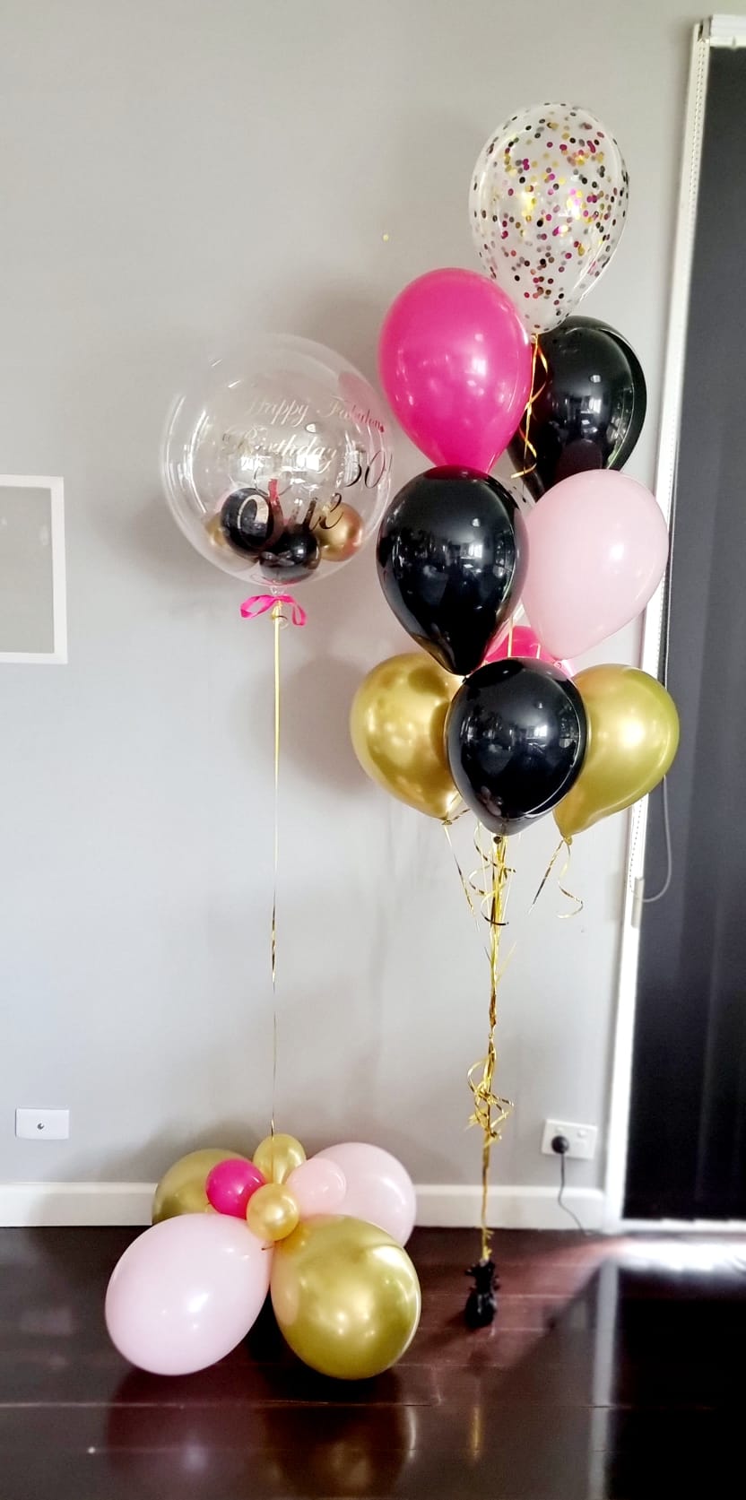 Personalised Pink, Black & Gold Bubble Balloon Bouquet XL with Number Balloons – Melbourne