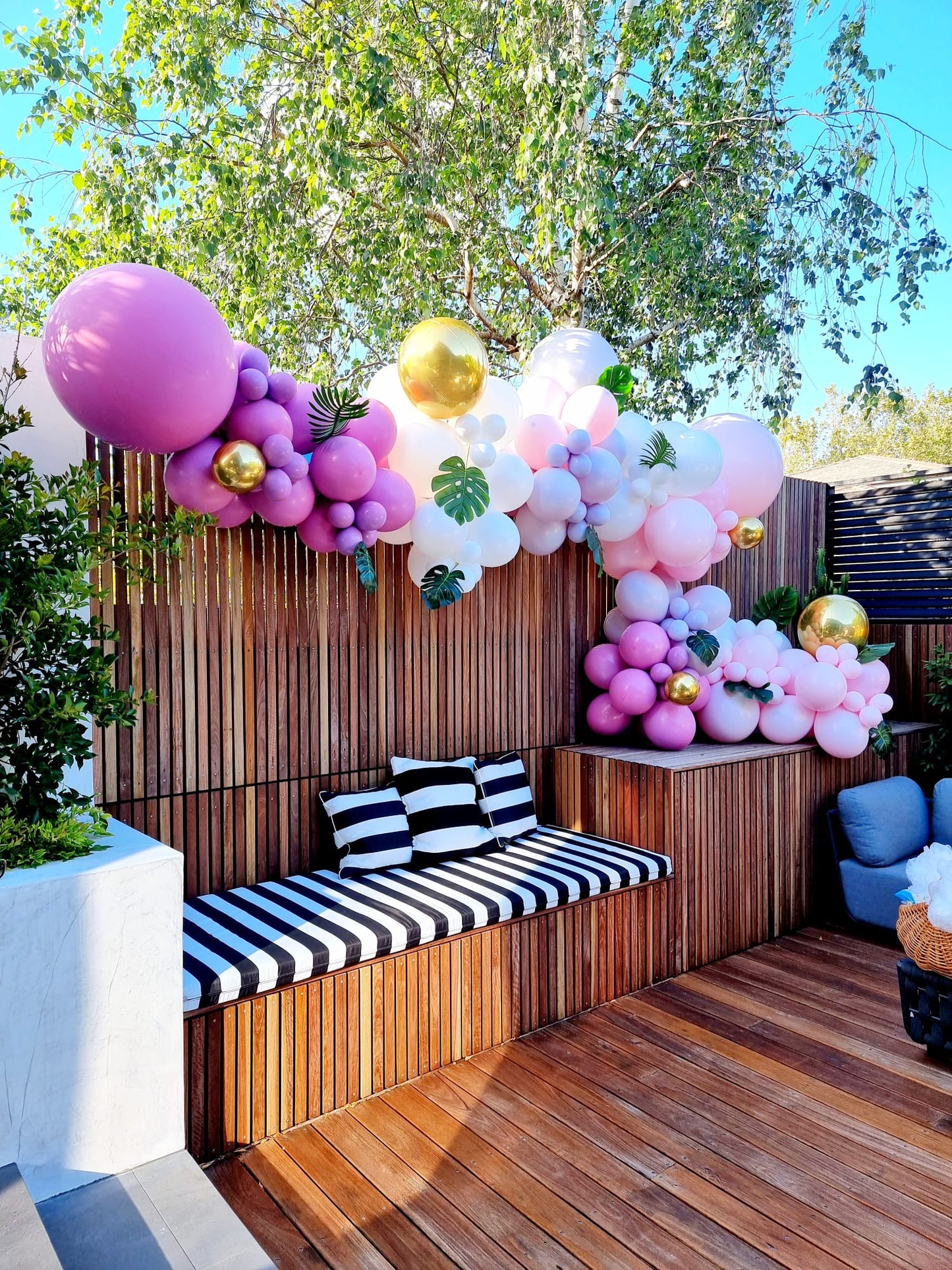 Purple white and gold balloon garland outdoor in Brighton Melbourne