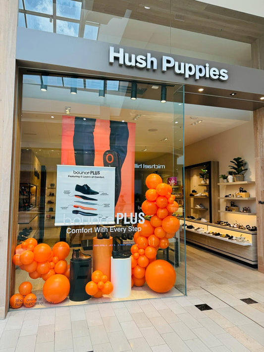 Hush puppies bounce orange balloons garlands  retail activation 