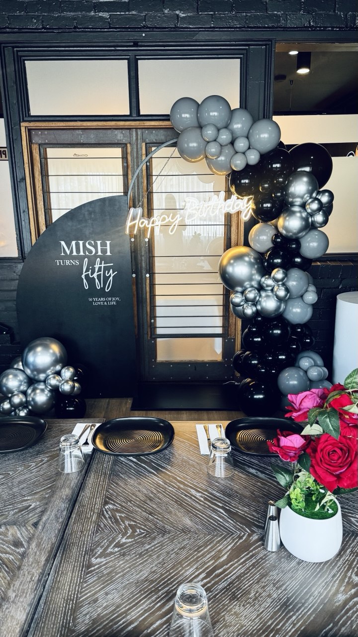 Black & Silver Balloon Garland at Balkan Grill Reservoir | 50th Birthday Party Styling Melbourne