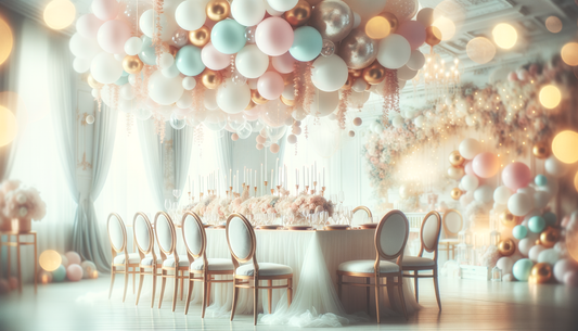 colorful pastel balloon garlands over an elegant party table with soft dreamy lighting