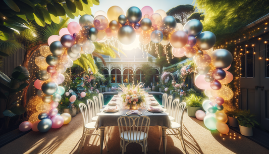 whimsical pastel balloon garland over sunlit garden table with fairy lights and greenery