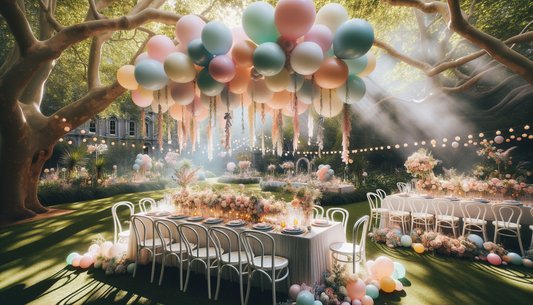 pastel balloon garlands above a sunlit event table in a whimsical garden setting