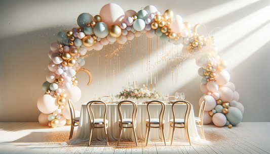 whimsical pastel and gold balloon garland over a sunlit, festive celebration table