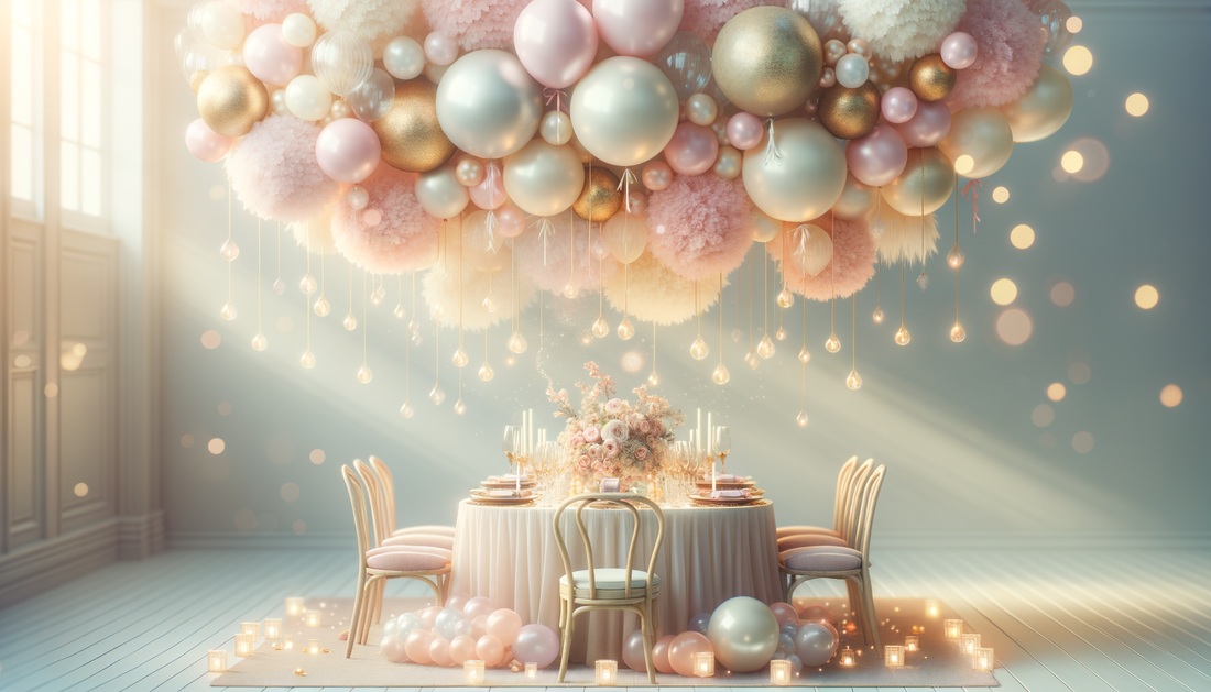 whimsical pastel balloon garlands above a softly lit, elegant event table setting