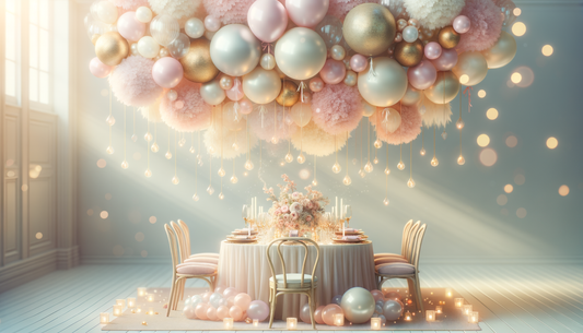 whimsical pastel balloon garlands above a softly lit, elegant event table setting