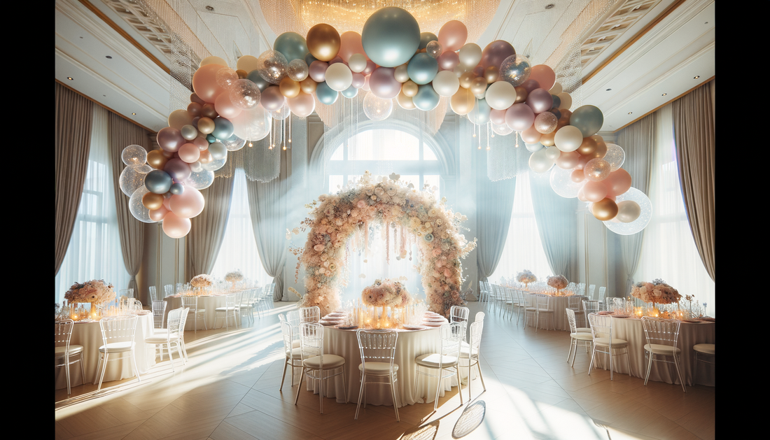 pastel and metallic balloons arch over a festive event table in soft natural light