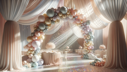 pastel balloon arch over decorated table in sunlit, dreamy event setting