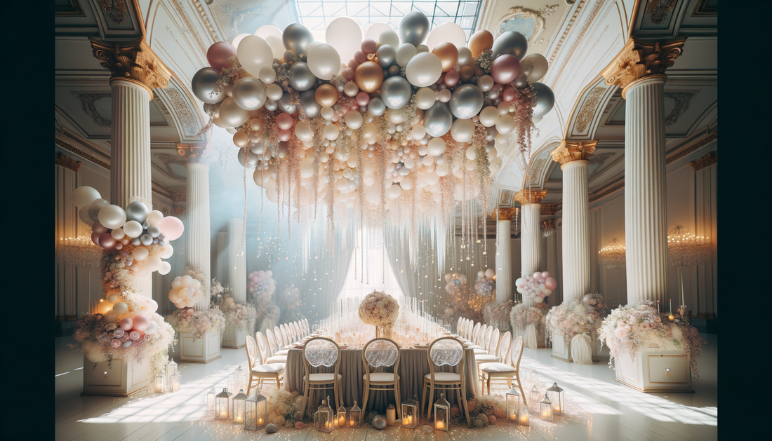 pastel and metallic balloons decorate a dreamy event table in soft natural light