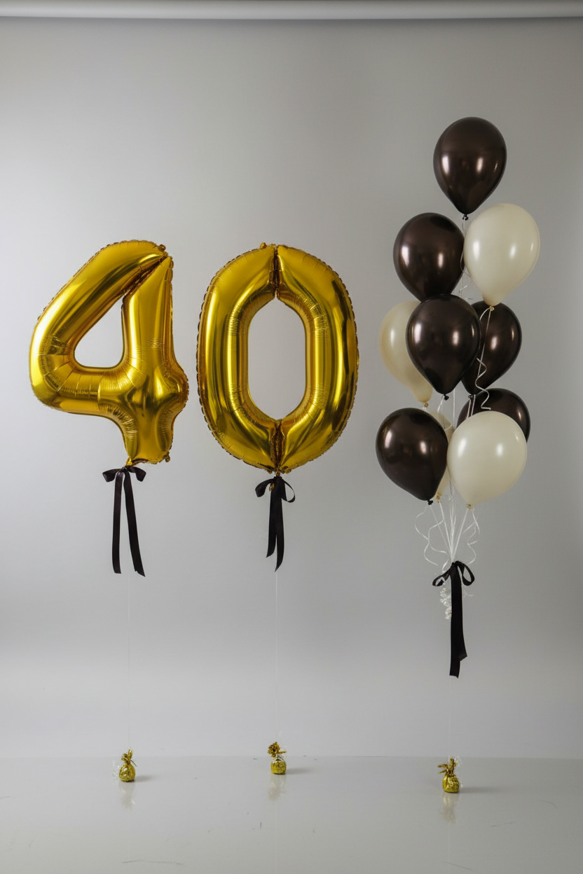 Globos con números negros y dorados con un gran ramo de globos de helio (llenos de helio)