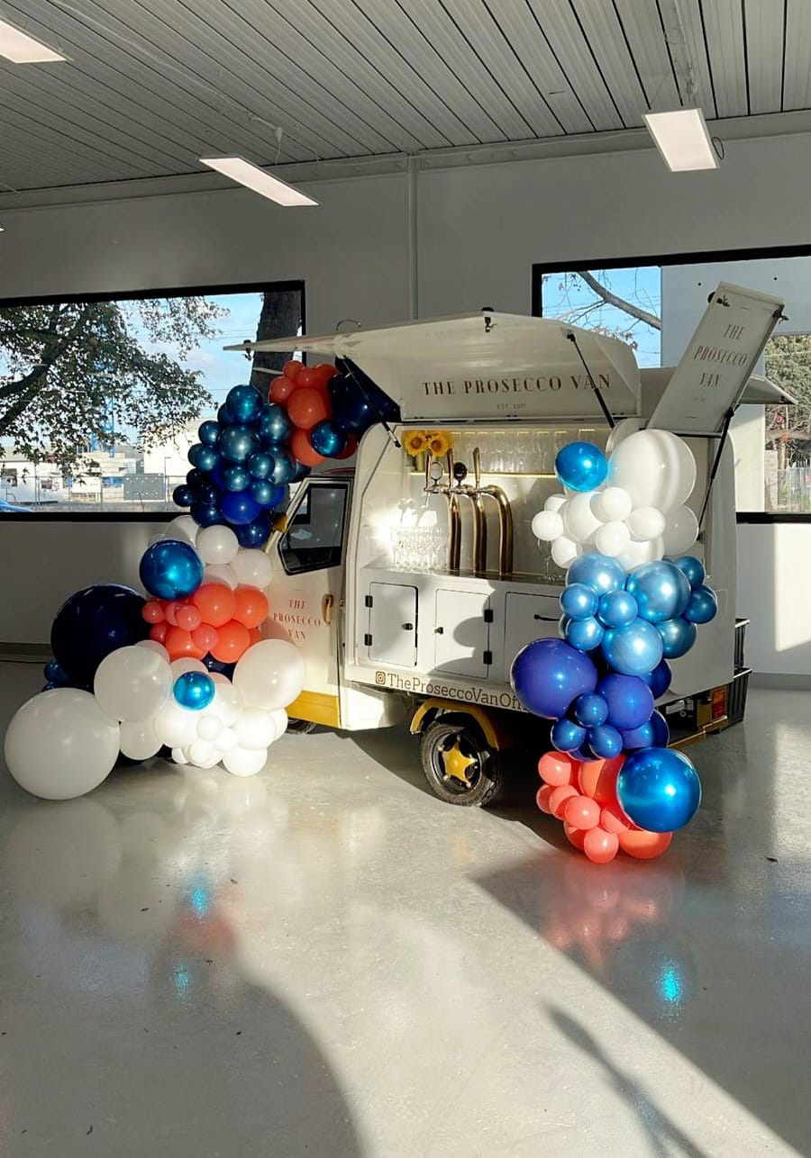 White Blue and Red Prosecco Van Cart Balloon Garland Melbourne Entrance
