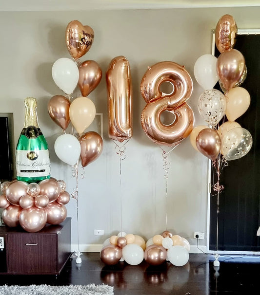 18th birthday balloons, blush and rose gold balloons, rose gold love heart balloons, Cheltenham balloon delivery, milestone birthday Melbourne, bayside Melbourne balloons, number balloon bouquet Melbourne, confetti balloons