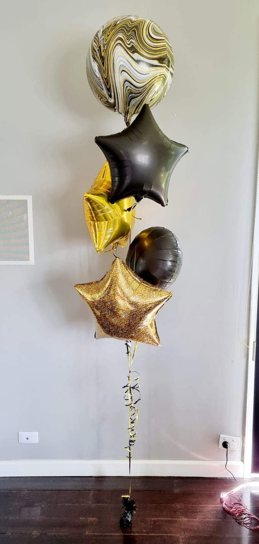 Black, Gold & Agate Stars Balloon Bouquet (helium-filled) Delivered Melbourne