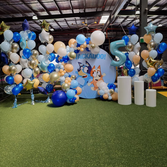 Bluey Bingo Themed Balloon Garland and Bouquets Personalised Numbers Cake Plinths