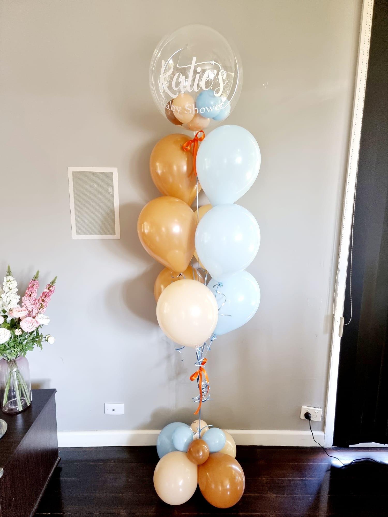 Blush Baby Blue Personalised Balloon Bouquet Delivered Melbourne Helium Filled