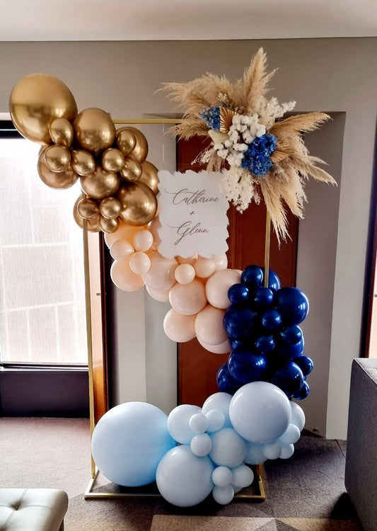 Blue Gold and Nude Balloon Garland Rectangular Frame Dry Flower Bouquet Melbourne