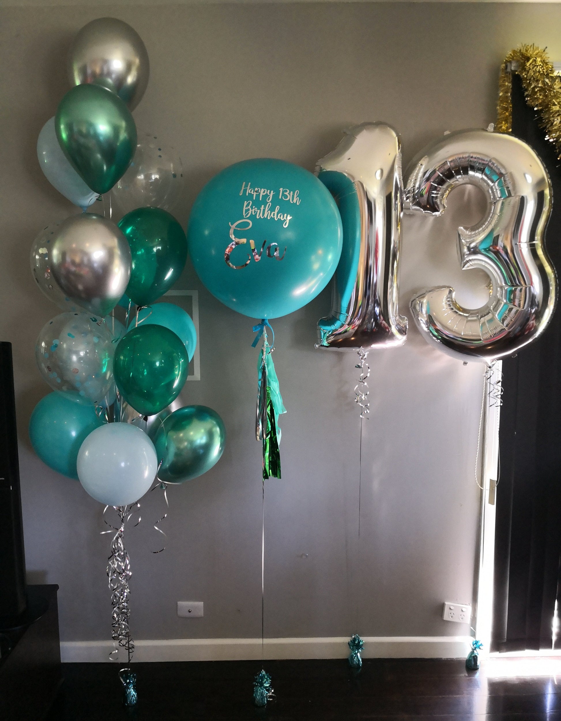 Green and Silver Balloon Bouquet with Numbers 13 and a Personalised Bubble Balloon