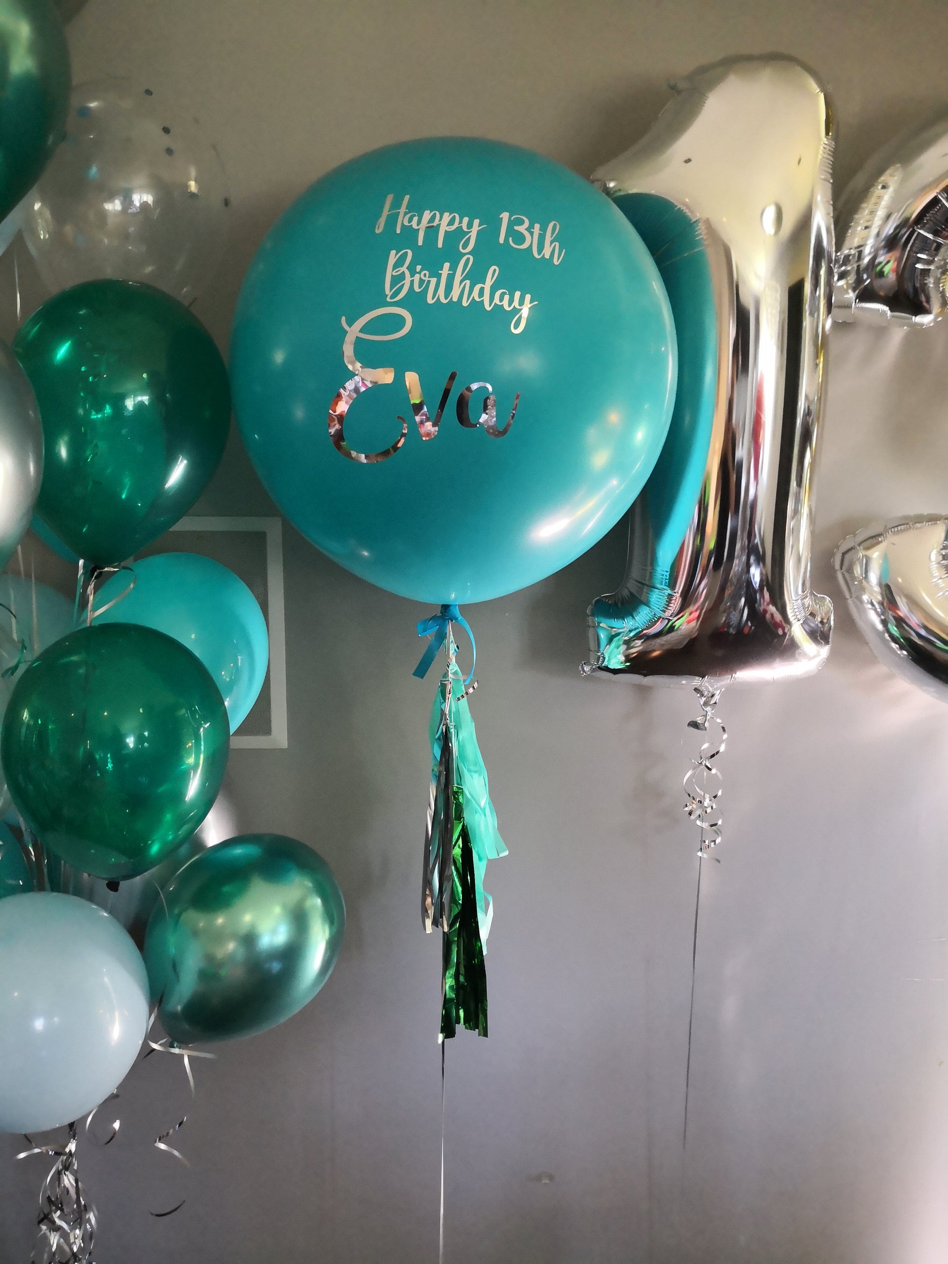 Green and Silver Balloon Bouquet with Numbers 13 and a Personalised Bubble Balloon