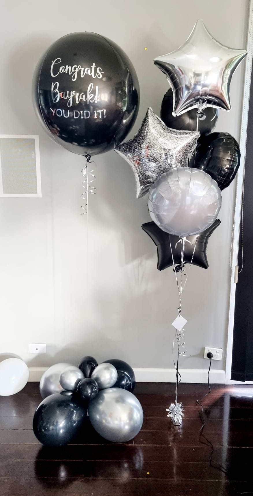 Black Silver Stars and Jumbo Balloon Bouquet Delivered Melbourne 