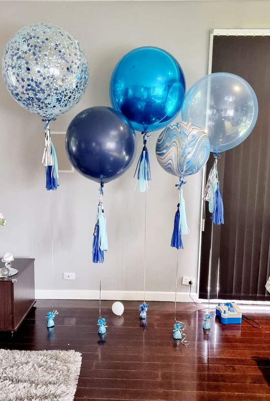 Premium Party Event Balloon Decorations Delivered Melbourne Blue Toned Orbs Confetti 