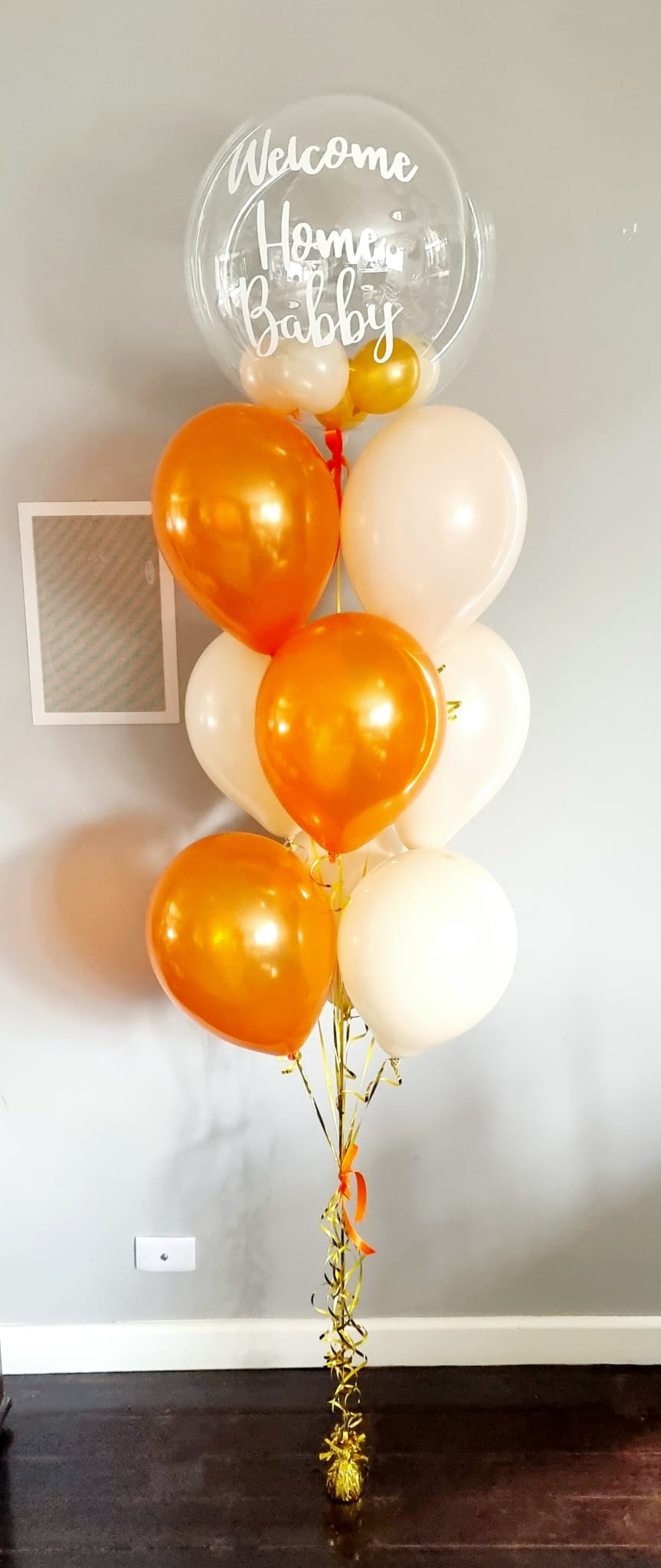 Orange White Personalised Balloon Bouquet Delivered Melbourne Helium Filled
