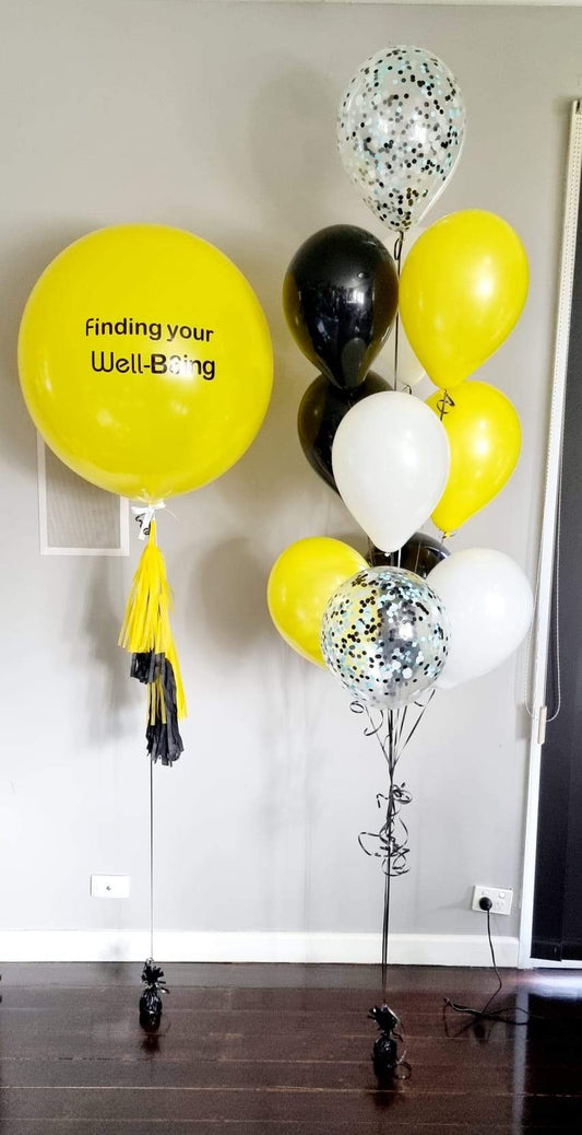 Personalised Black, White & Yellow Bubble Balloon Bouquet Helium Delivered Melbourne
