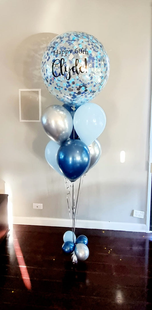 Personalised Blue Navy Silver Jumbo Confetti Balloon Bouquet Melbourne Delivered