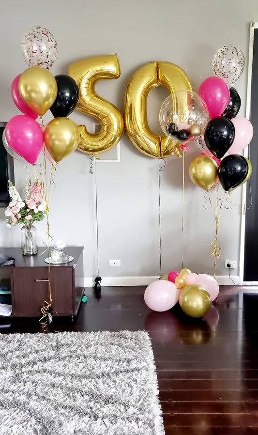 Personalised Pink, Black & Gold Bubble Balloon Bouquet (XL) with Gold Numbers Balloons