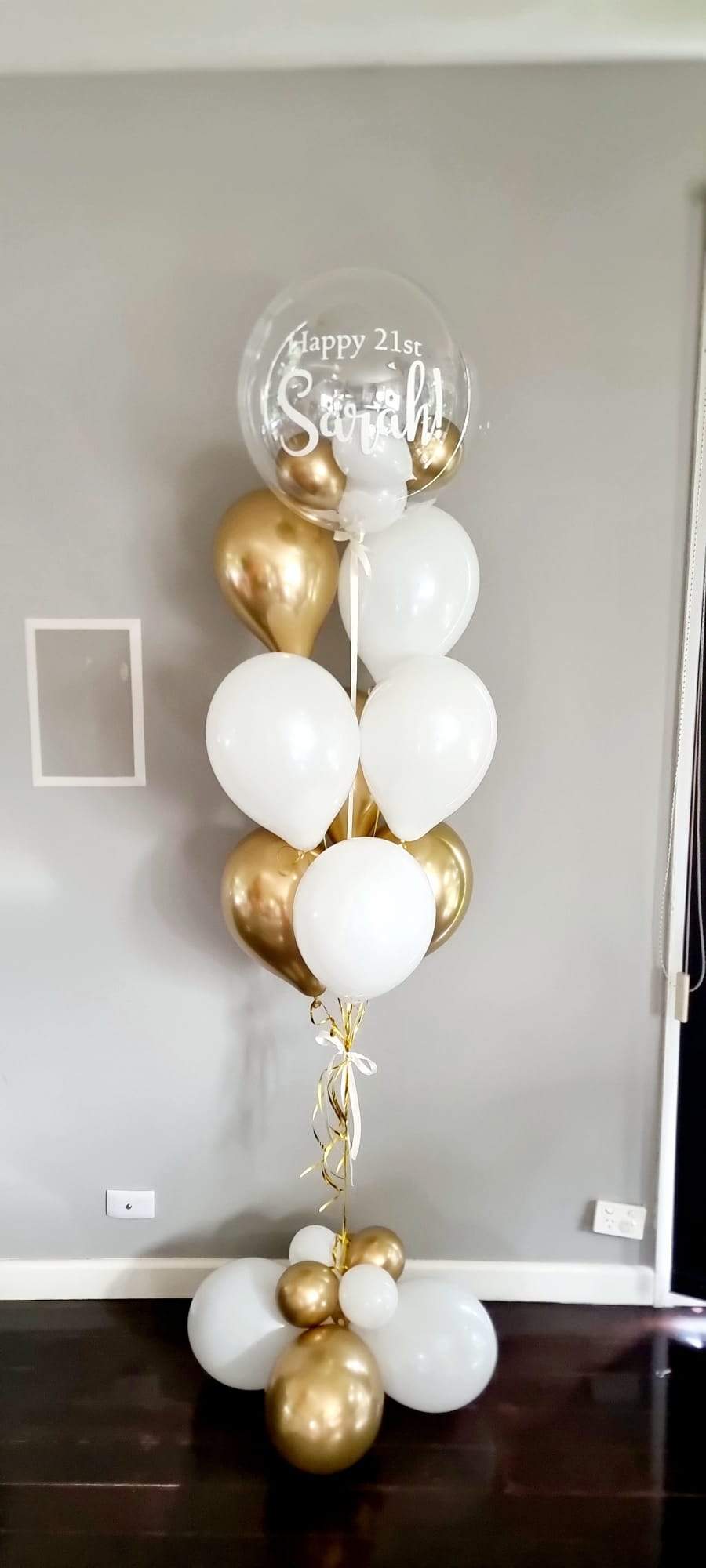 Personalised White & Gold Bubble Balloon Bouquet (helium-filled) Melbourne Delivered