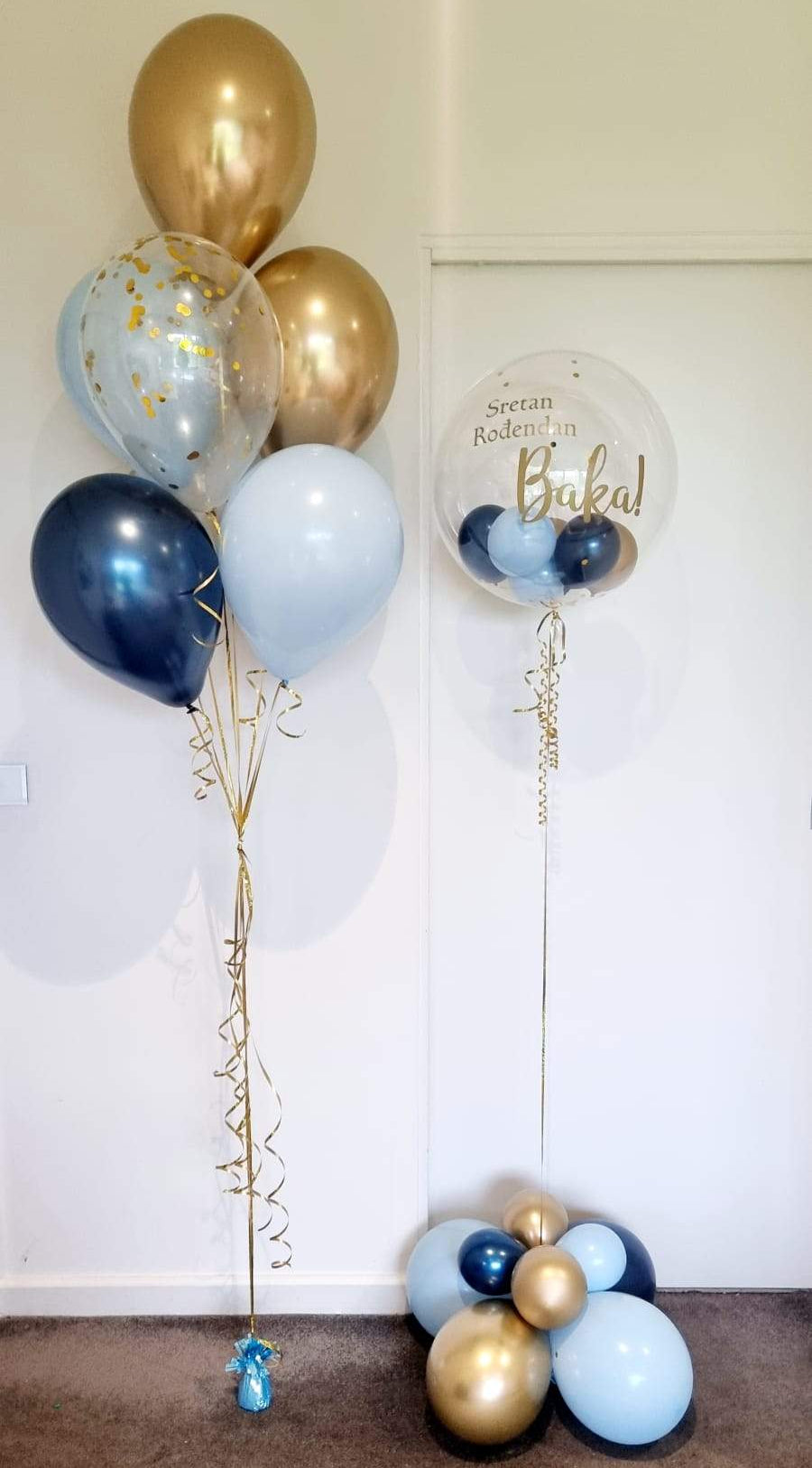 Personalised Bubble Balloon Bouquet Blue Gold Delivered Melbourne Sretan Rodendan