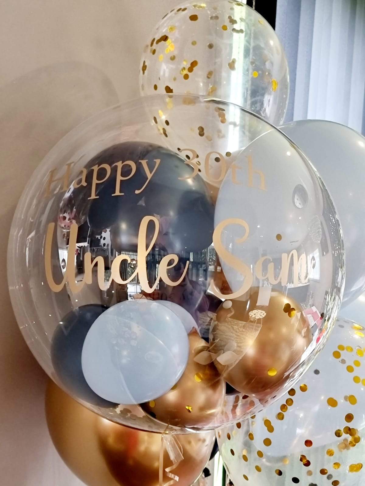 Personalised Bubble Balloon Bouquet Blue Gold Delivered Melbourne Happy 30th birthday 