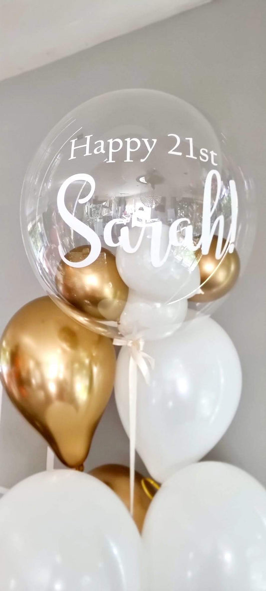 Personalised White & Gold Bubble Balloon Bouquet (helium-filled) Melbourne Delivered