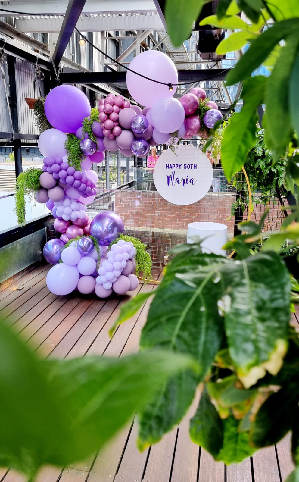 Purple Lilac Balloon Garland Gold Mesh Frame Greenery Personalised Disk Plinth State of Grace Melbourne