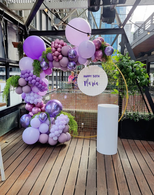 Purple Lilac Balloon Garland Gold Mesh Frame Greenery Personalised Disk Plinth State of Grace Melbourne