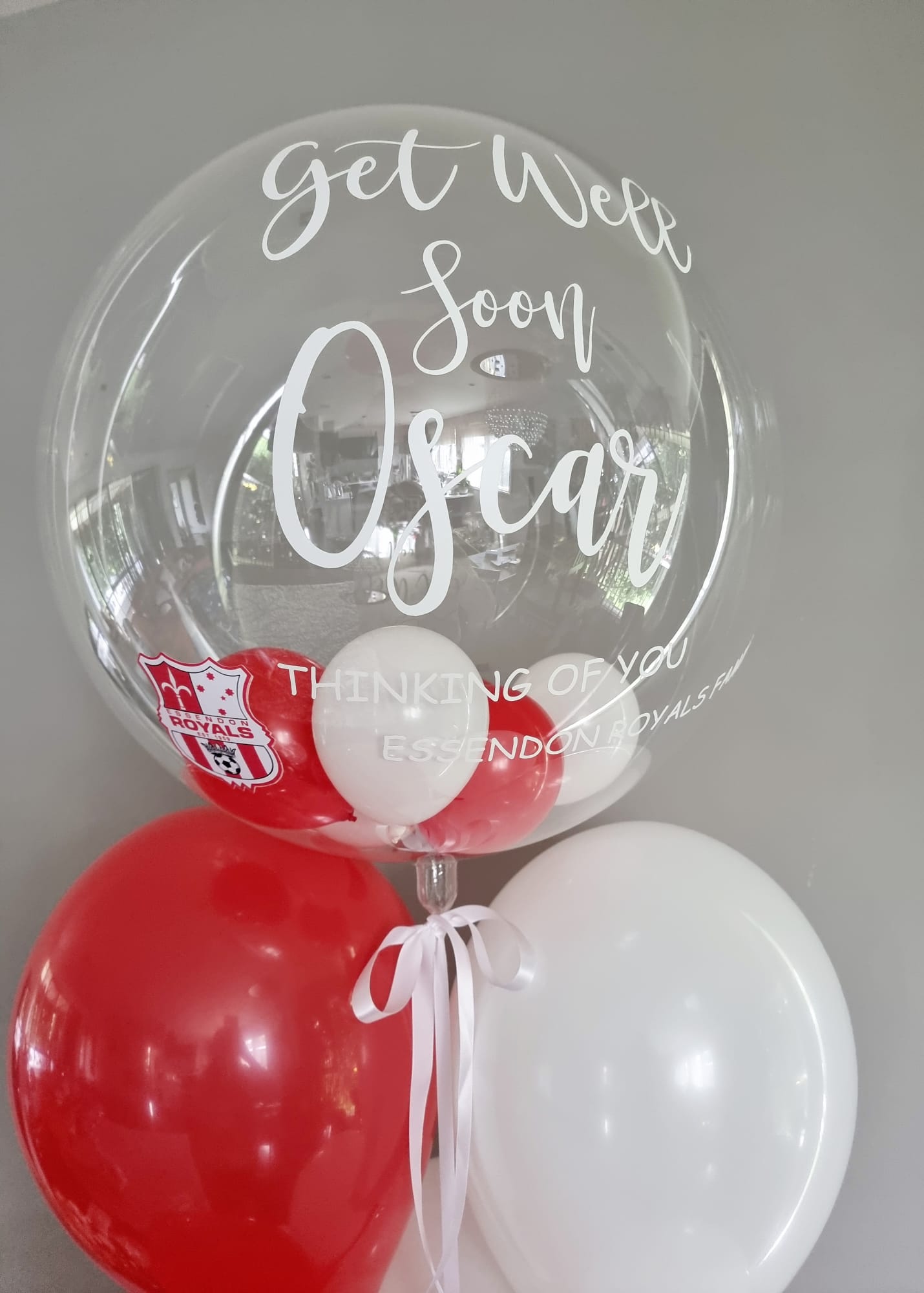 Red and White Personalised Balloon Bouquet Delivered in Melbourne 7 days Brand Logo Printed