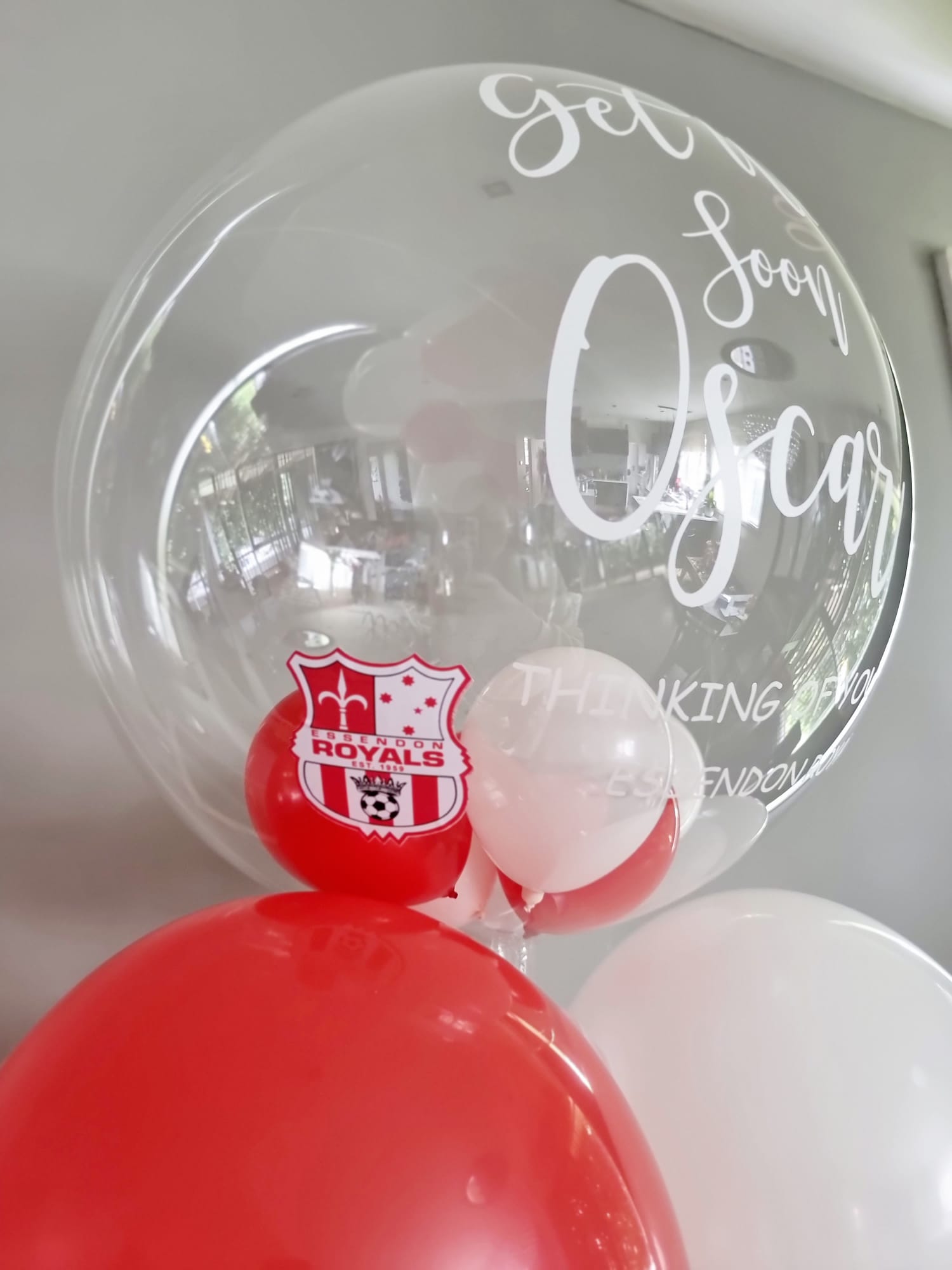 Red and White Personalised Balloon Bouquet Delivered in Melbourne 7 days Brand Logo Printed Essendon Royals Soccer