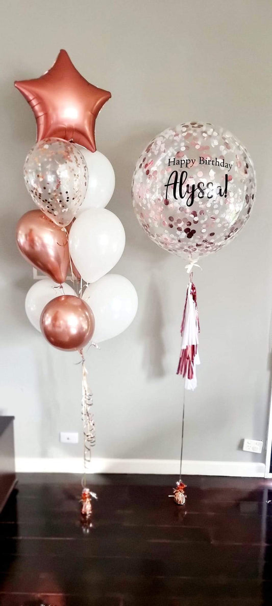 Rose Gold & White Bouquet with a Jumbo Confetti Balloon (helium-filled)