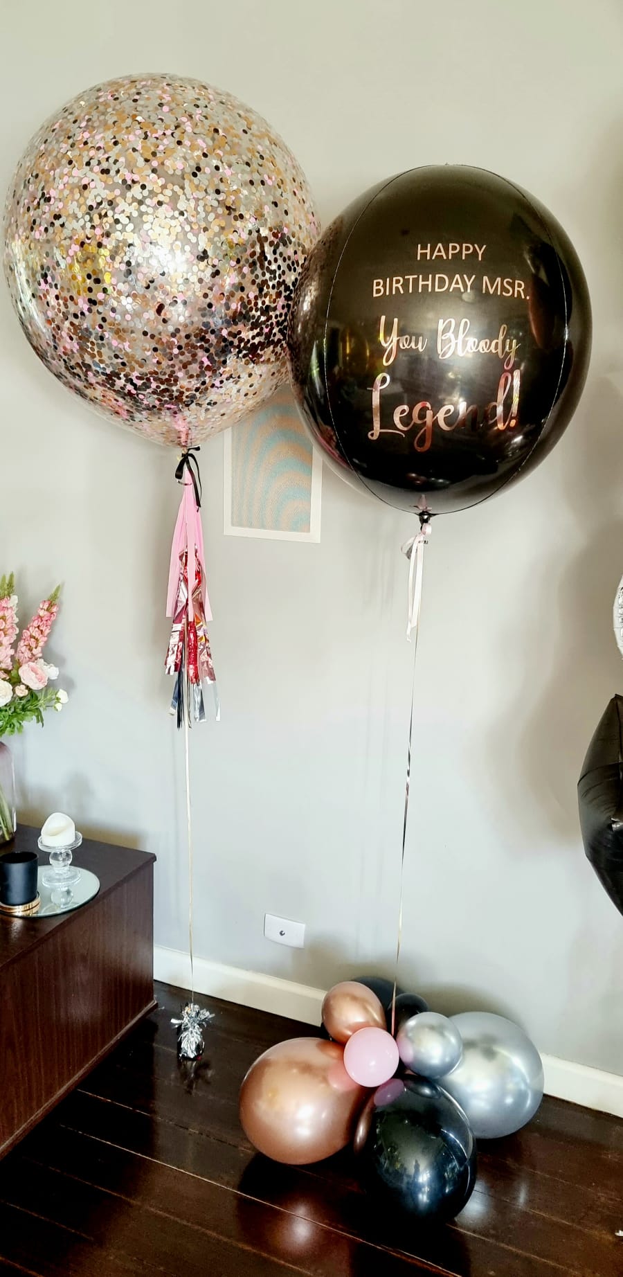 Silver & Black Star Bouquet with a Personalised Black Jumbo Balloon & Confetti Jumbo Balloon